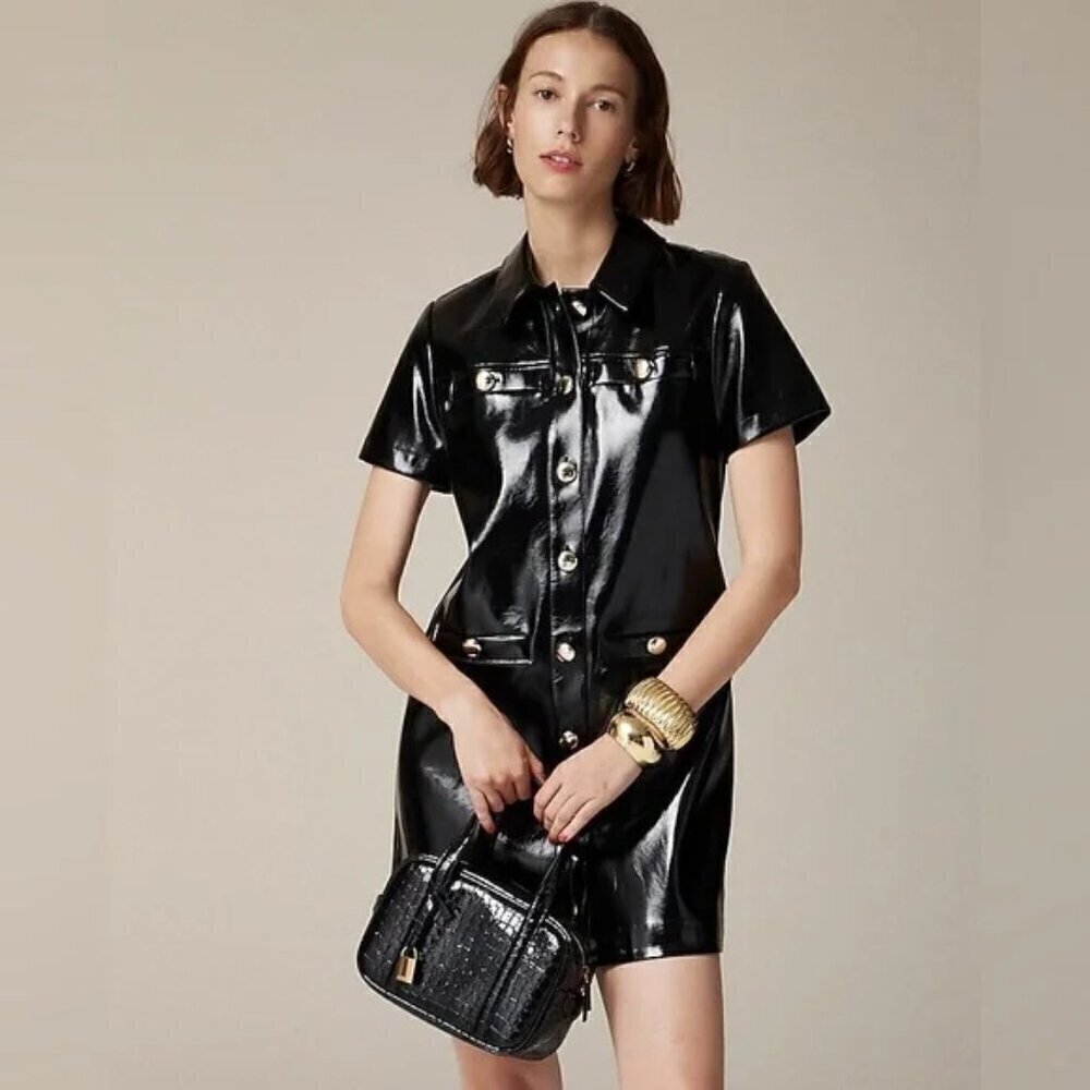 J. Crew Collection Gamine Shirt Dress Faux Patent Leather Black Size 8/M NWT